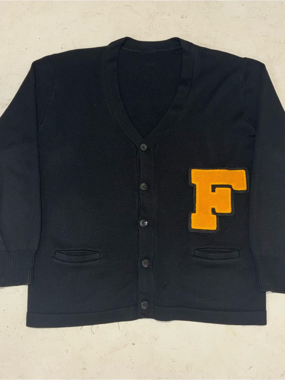 Vintage 80s Black Cardigan with Gold/Yellow Letter Patch - James Dean